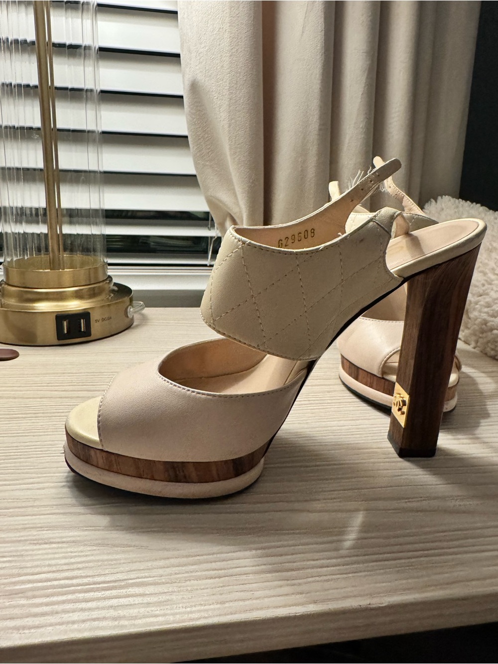 CHANEL Cream Platform Wood Block Slingback Heels CC LOGO - Picture 11 of 15
